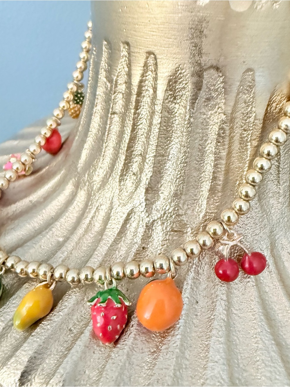 Gold Beaded Fruit Charm Necklace - Colorful Enamel Charms - Picture 3 of 5